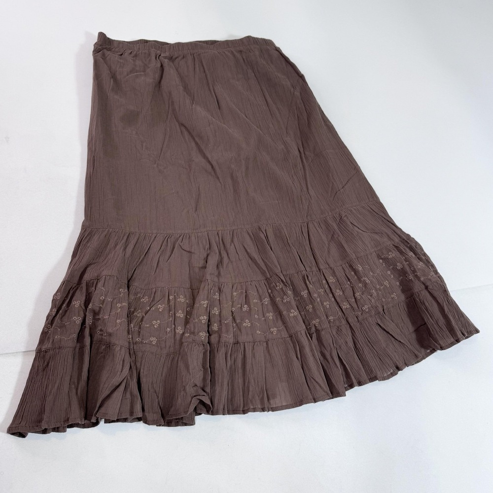 Denim & Co. Skirt Womens 1X Brown Floral Embroidered Peasant Maxi Broomstick